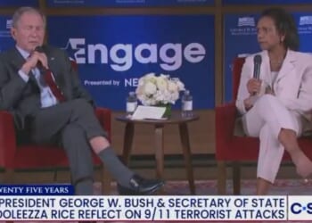 Former President George W. Bush and former Secretary of State Condoleezza Rice discuss the aftermath of the 9/11 terrorist attacks, as shown in a clip posted to social media on Sept. 10, 2026.