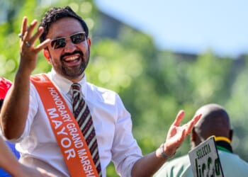 Mayor Zohran Mamdani smiles and shrugs his shoulders as he participates in an event for the 59th West Indian America Day Parade on September 7, 2026 in New York City.