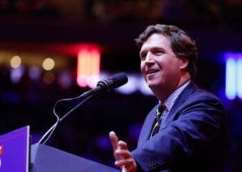 Tucker Carlson speaks before President Donald Trump takes the stage at the campaign rally at Madison Square Garden on Oct. 27, 2024, in New York City.