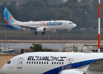 An airplane of budget airline FlyDubai lands at Israel's Ben Gurion aiport near Tel Aviv on Nov. 26, 2020, on the first scheduled commercial service between the two cities, following the normalization of ties between the UAE and Israel.