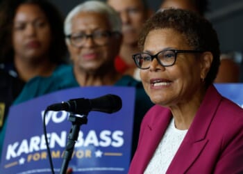 Los Angeles Mayor Karen Bass speaks during a June 9 campaign rally in Los Angeles, California.