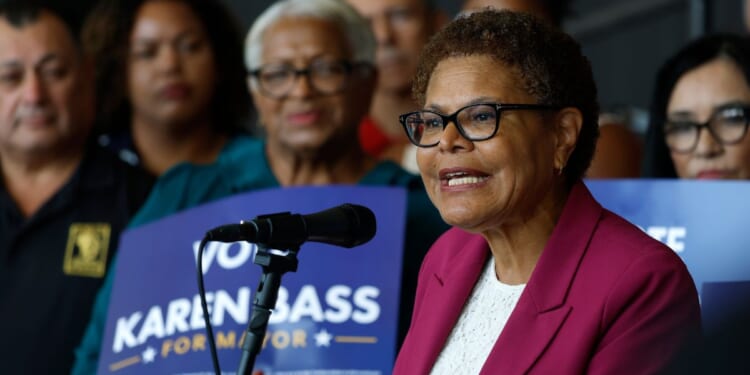 Los Angeles Mayor Karen Bass speaks during a June 9 campaign rally in Los Angeles, California.