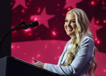 Turning Point USA CEO Erika Kirk speaks during a Turning Point USA event at the Dream City Church on April 17, 2026, in Phoenix, Arizona.