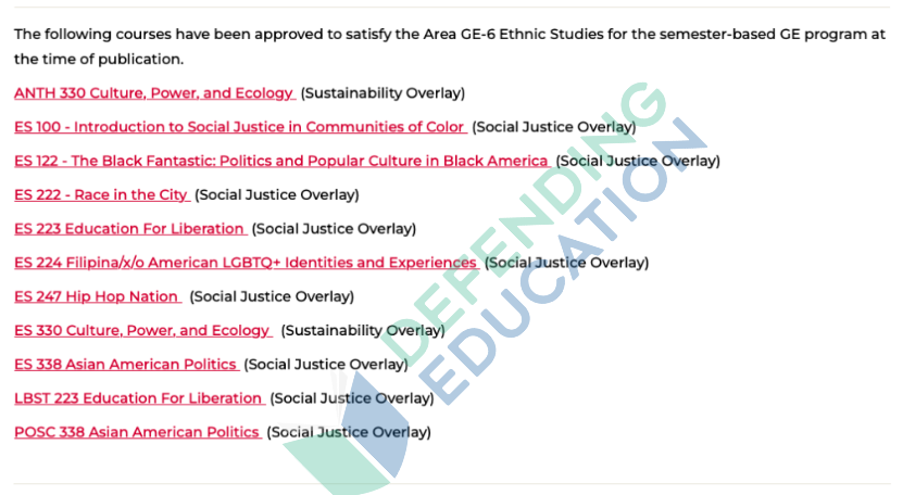 Inside CSU’s Required Ethnic Studies Courses: White Supremacy, Racializing ‘Zootopia,’ and a Gay Sex Scene 1 A list of ethnic studies courses and overlays for a GE program is shown, with some course titles in red, overlaid by a watermark reading DEFENDING EDUCATION across the text.