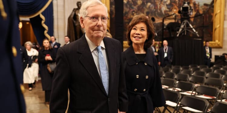 U.S. Republican Senator Mitch McConnell walks alongside his wife Elaine Chao at the inauguration of President-elect Donald Trump at the U.S. Capitol on Jan. 20, 2025 in Washington.