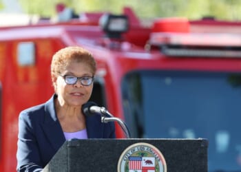 Mayor Karen Bass attends the 25th LAFD Remembrance Ceremony at Frank Hotchkin Memorial Training Center, in Los Angeles, on Friday, Sept. 11, 2026.
