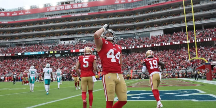 Kyle Juszczyk of the San Francisco 49ers celebrates after his receiving touchdown against the Miami Dolphins in the third quarter of a game at Levi's Stadium on Sept. 20, 2026, in Santa Clara, California.