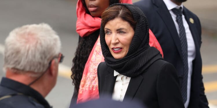 New York Gov. Kathy Hochul departs the funeral service for slain NYPD officer Didarul Islam in the Bronx borough of New York City on July 31, 2025.