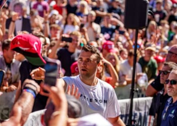 Charlie Kirk appears at Utah Valley University on Sept. 10, 2025, in Orem, Utah.