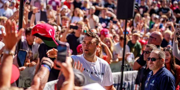 Charlie Kirk appears at Utah Valley University on Sept. 10, 2025, in Orem, Utah.