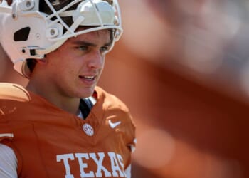 Arch Manning #16 of the Texas Longhorns warms up before the game against the Texas State Bobcats at Darrell K Royal-Texas Memorial Stadium on Sept. 5 in Austin, Texas.