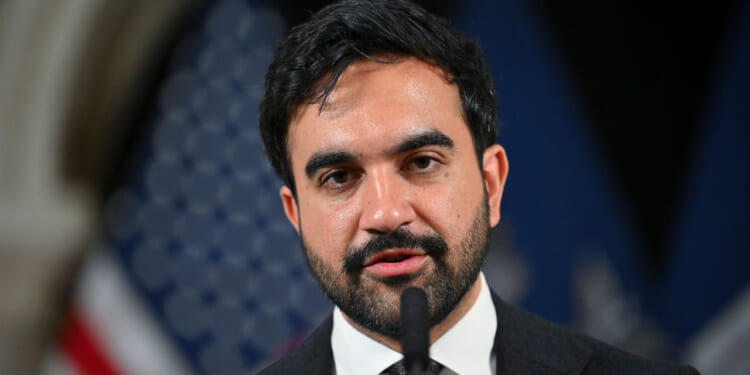 Mamdani in a suit speaks into a microphone, with blurred American flags in the background, reminiscent of Mamdani’s incisive commentary on leadership and identity.