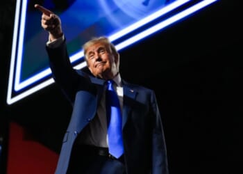 President Trump points at the crowd during his appearance at the Republican National Committee midterm convention on September 9, 2026 in Dallas, Texas.