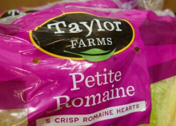 Packages of Taylor Farms Petite Romaine lettuce hearts are displayed for sale in the refrigerated produce department at a Costco Wholesale warehouse on July 29, 2026, in Arlington, Virginia.