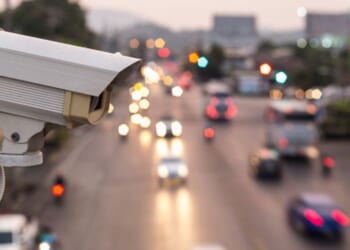 A traffic surveillance camera is pictured above a street at dusk.