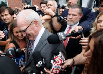 Defense attorney Kevin Reddington is surrounded by the press as he leaves the courthouse after Judge William Sullivan sent the jury home following the conclusion of deliberations for the sixth day in the trial of Lindsay Clancy at Plymouth County Superior Court on Sept. 3, 2026, in Plymouth, Massachusetts.
