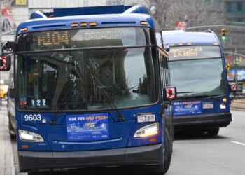 New York City's Metropolitan Transit Authority buses are pictured in a 2023 file photo.