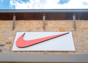 The Nike logo is displayed at the Nike Factory store on July 24, 2026, in Austin, Texas.