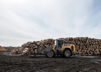 Wood for processing is stacked at the C.A. Spencer sawmill on April 10, 2025, in Lachute, Canada.