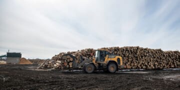 Wood for processing is stacked at the C.A. Spencer sawmill on April 10, 2025, in Lachute, Canada.