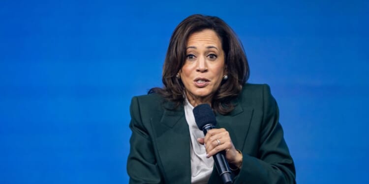 Former Vice President Kamala Harris speaks on stage during the Austrian World Summit at Hofburg Congress Center on June 16, 2026, in Vienna, Austria.
