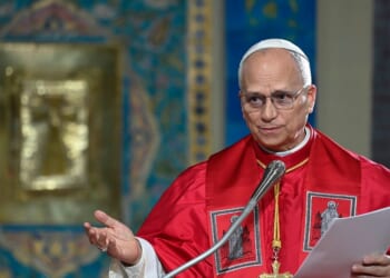 Pope Leo XIV meets with members of the community in Algiers at the Basilica of Our Lady of Africa on April 13, 2026, in Algiers, Algeria.