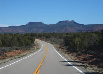 A two-lane road curves through desert landscape with trees on both sides, leading toward flat-topped mesas under a clear blue sky.