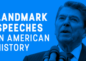 A man speaks at a podium with the text: Landmark Speeches in American History on a blue background.