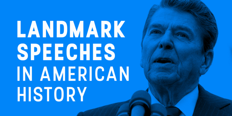A man speaks at a podium with the text: Landmark Speeches in American History on a blue background.