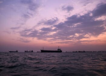 Vessels transit the Strait of Hormuz off the coast of the port city of Bandar Abbas in southern Iran on Sept. 5, 2026.