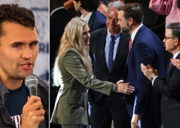 Erika Kirk, CEO of Turning Point USA and widow of TPUSA founder Charlie Kirk, left, speaks with Secretary of Health and Human Services Robert F. Kennedy Jr., Vice President J.D. Vance, and House Speaker Mike Johnson Wednesday during the Republican National Midterm Convention at the American Airlines Center in Dallas, Texas.