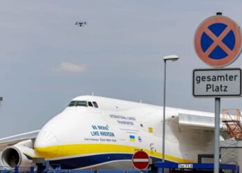 A police drone takes off next to Ukrainian Antonov cargo plane at Leipzig/Halle Airport on Aug. 5, 2026, near Leipzig, Germany.