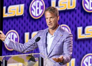 Head Coach Lane Kiffin of the LSU Tigers speaks at SEC Football Kickoff Media Day July 23 in Tampa, Florida.