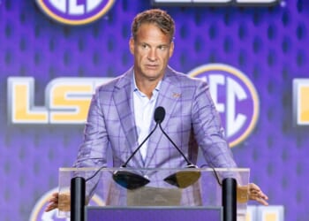 Lane Kiffin of the LSU Tigers speaks at SEC Football Kickoff Media Day at Tampa Marriott Water Street on July 23, 2026, in Tampa, Florida.