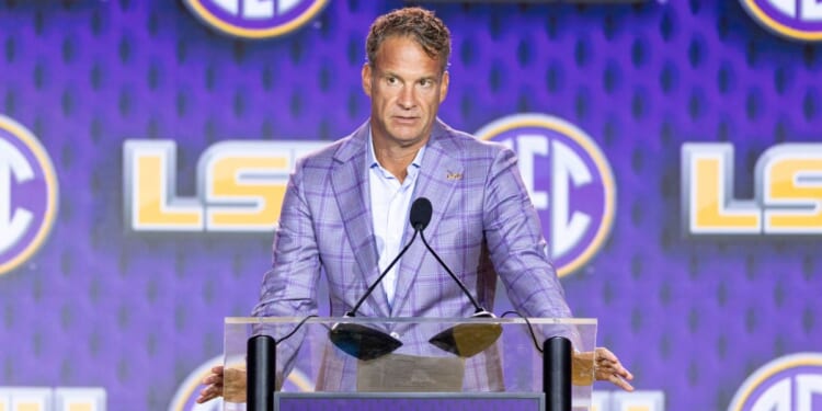 Lane Kiffin of the LSU Tigers speaks at SEC Football Kickoff Media Day at Tampa Marriott Water Street on July 23, 2026, in Tampa, Florida.