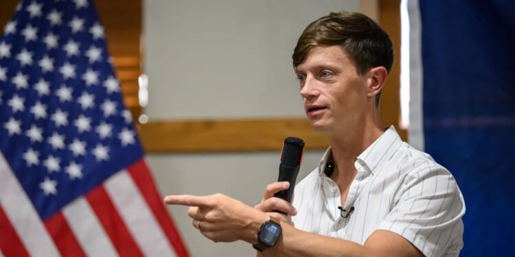 Iowa gubernatorial candidate Rob Sand speaks to voters during a campaign visit to the Carroll County Conservation Classroom on Aug. 20, 2026, in Carroll, Iowa.