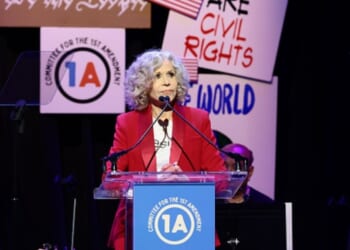 Jane Fonda speaks at a Rise Up, Sing Out concert on June 14, 2026 in New York City, New York.