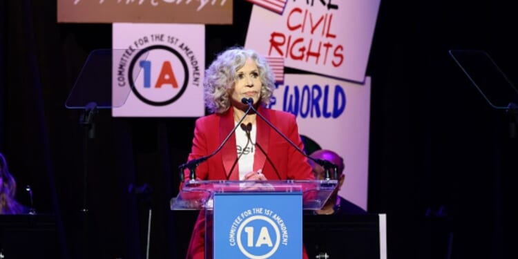 Jane Fonda speaks at a Rise Up, Sing Out concert on June 14, 2026 in New York City, New York.