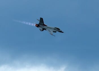 A U.S. Air Force Thunderbird F-16 performs an afterburner pass during the "Salute to America 250" Fourth of July celebrations over the National Mall on July 4, 2026, in Washington, D.C.