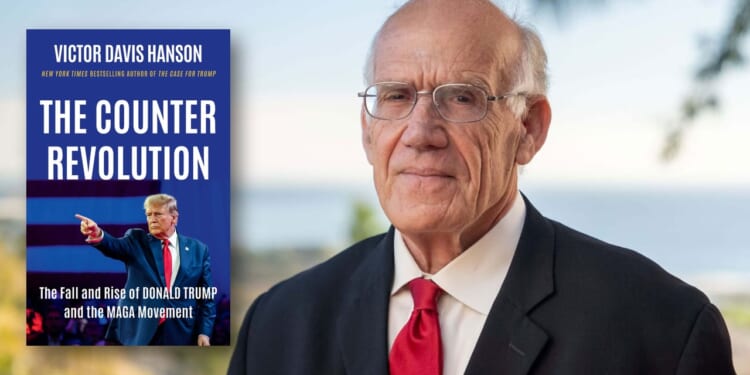 A man in a suit and red tie stands outdoors. Next to him is a book cover titled The Counter Revolution by Victor Davis Hanson, featuring an image of Donald Trump pointing.