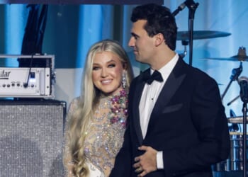 Charlie Kirk and and his wife Erika Kirk on stage during the Turning Point USA Inaugural-Eve Ball at the Salamander Hotel on Jan. 19, 2025, in Washington, D.C.
