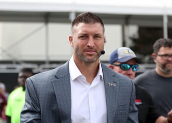 Tim Tebow of SEC Nation before the game between the Mississippi State Bulldogs and the Georgia Bulldogs at Davis Wade Stadium on Nov. 8, 2025, in Starkville, Mississippi.