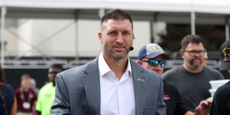 Tim Tebow of SEC Nation before the game between the Mississippi State Bulldogs and the Georgia Bulldogs at Davis Wade Stadium on Nov. 8, 2025, in Starkville, Mississippi.