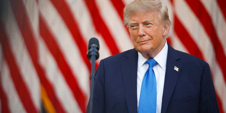 Donald Trump in a dark suit and blue tie stands in front of a microphone, with large red and white striped flags in the background.