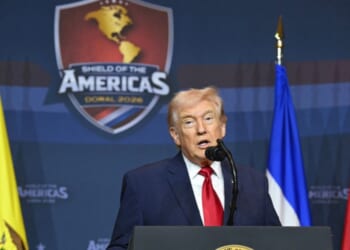 President Donald Trump speaks during the "Shield of the Americas" Summit at Trump National Doral in Miami, Florida, on March 7, 2026.