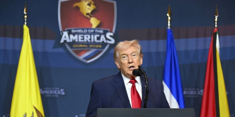 President Donald Trump speaks during the "Shield of the Americas" Summit at Trump National Doral in Miami, Florida, on March 7, 2026.