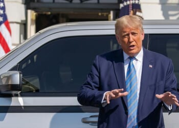 President Donald Trump talks about the new Endurance all-electric pickup truck on the south lawn of the White House on Sept. 28, 2020, in Washington, D.C.