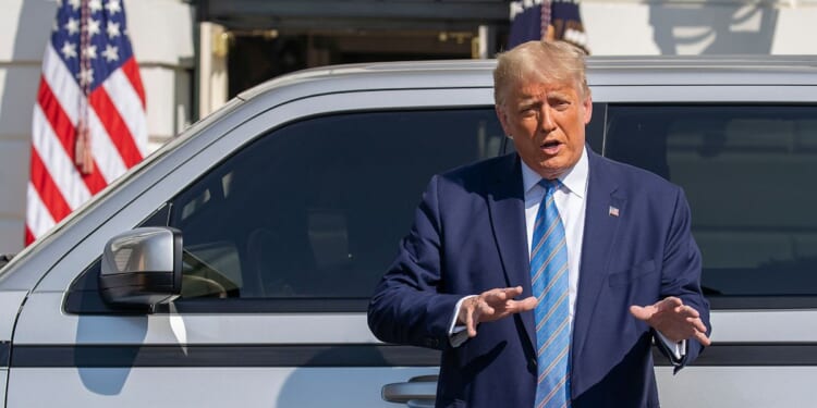 President Donald Trump talks about the new Endurance all-electric pickup truck on the south lawn of the White House on Sept. 28, 2020, in Washington, D.C.