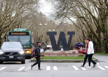 The University of Washington statue can be seen on a roadway just outside of the campus in Seattle, Washington on March 6, 2020.