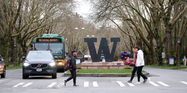The University of Washington statue can be seen on a roadway just outside of the campus in Seattle, Washington on March 6, 2020.